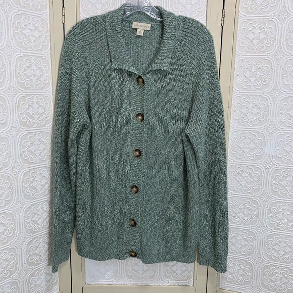 Cardigan Women’s L Heather Green Button Front Collared APPLESSEED'S Grannycore - Picture 1 of 10